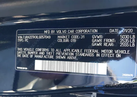 2020 Volvo S60 T6 Momentum z USA, uszkodzony, nr VIN 7JRA22TKXLG057049